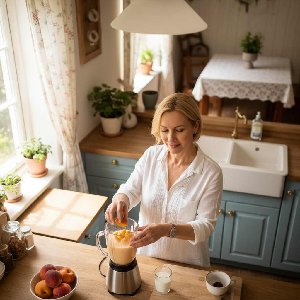 Serene woman in her 50s in a sunlit kitchen — the calm confidence of having found an answer