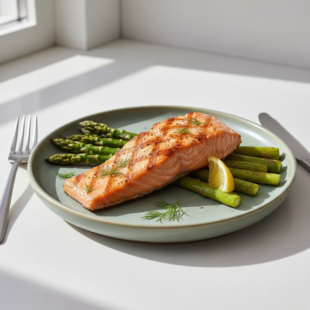 Elegantly plated grilled salmon with asparagus representing optimal nutrition and vitality